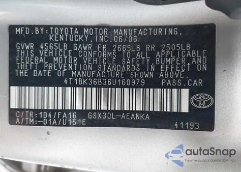 2006 Toyota Avalon Xl from USA, damaged, VIN 4T1BK36B36U160979
